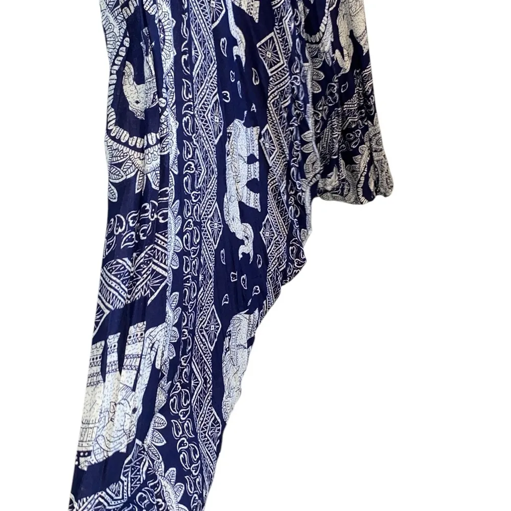 Bohemian Harem Yoga Drop Crotch Cotton Blue Elephant print romper / jumpsuit Size L - Image 6