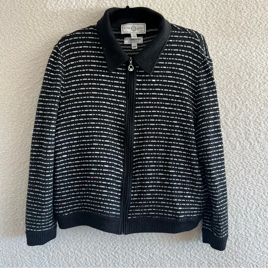 St. John Sport Women’s Black Wool Blend Zipper Cardigan Sweater Set Size Large Gray - Image 2