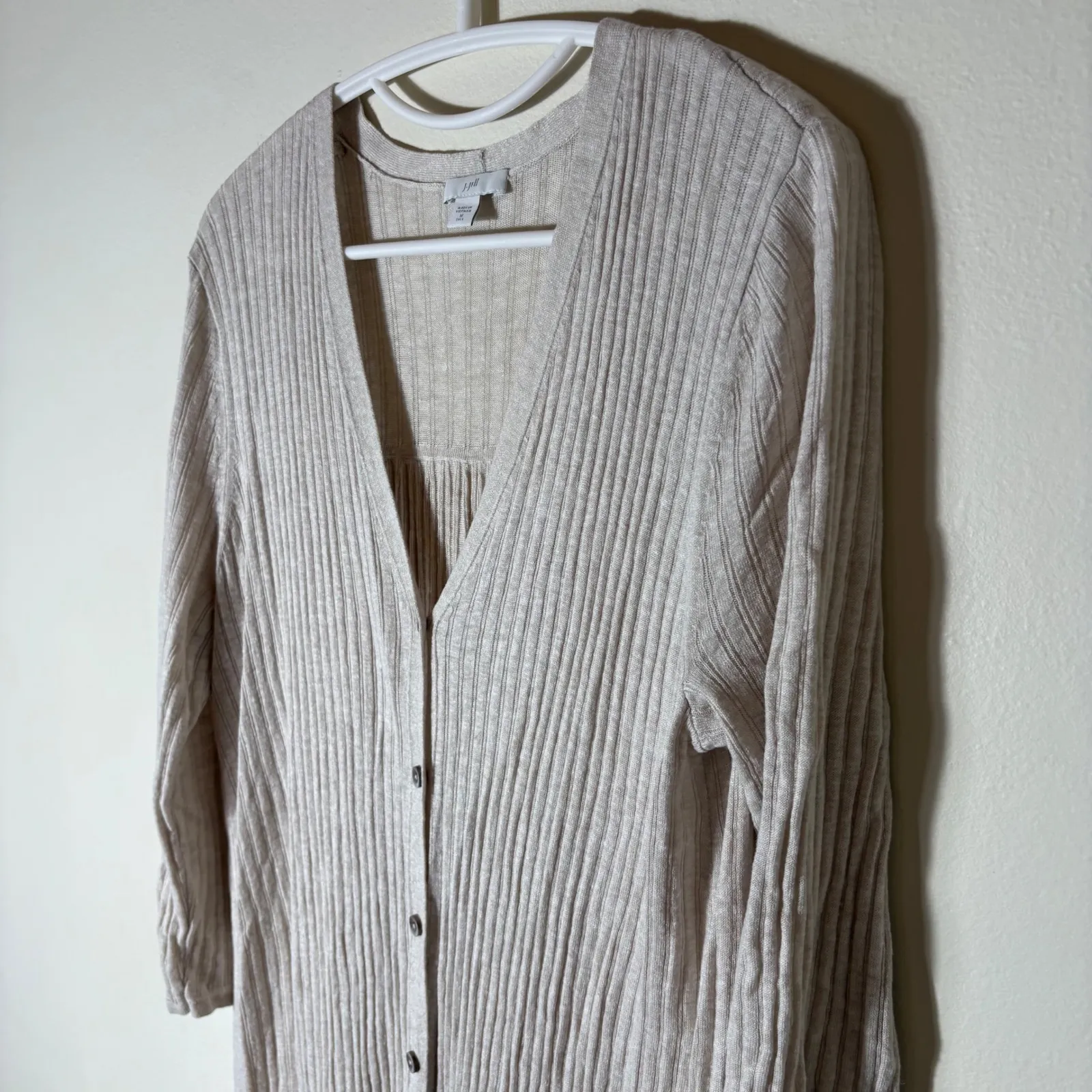 J. Jill Linen Blend Ribbed Long Cardigan Duster Beige Size Medium Tall Tan - Image 2