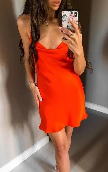 Satin Cowl Neck Orange Slip Dress - Image 2