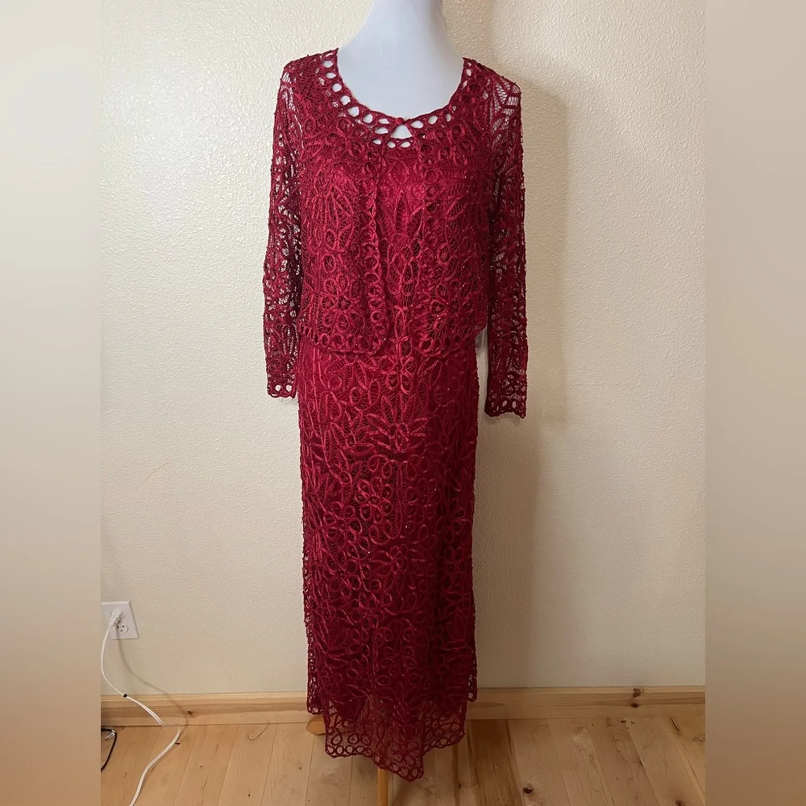 Soulmates red floral lace silk beaded hand crocheted maxi dress & jacket SET L - Image 9