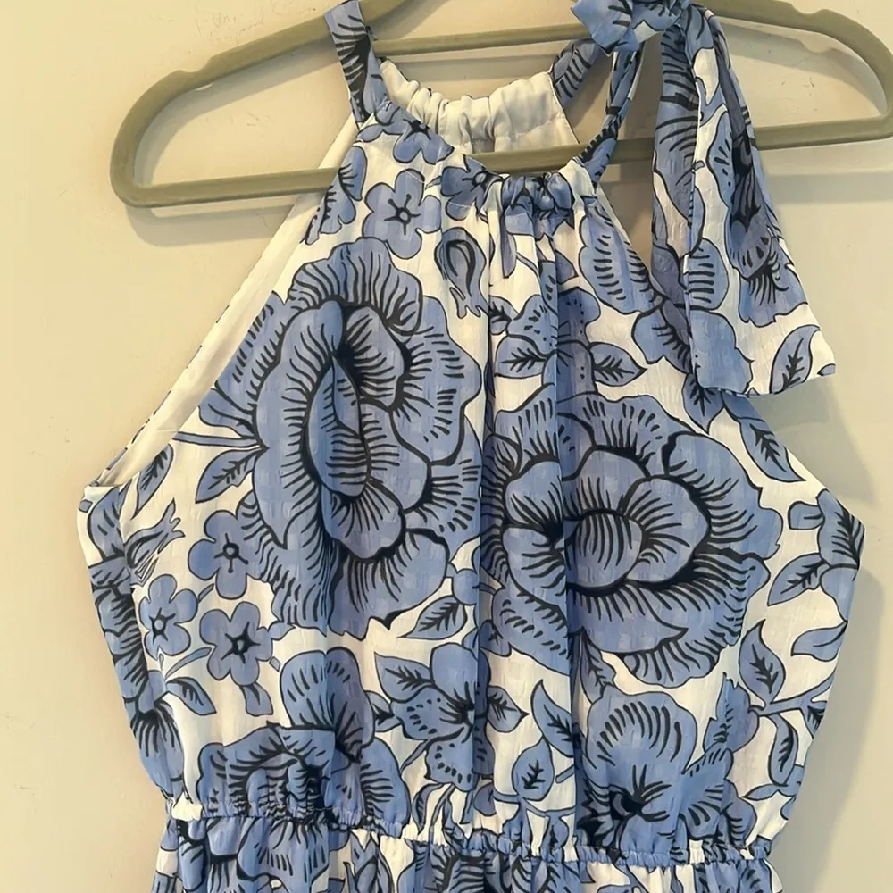 Ann Taylor Factory Blue White Floral Midi Dress Ruffle Sleeveless size small - Image 6
