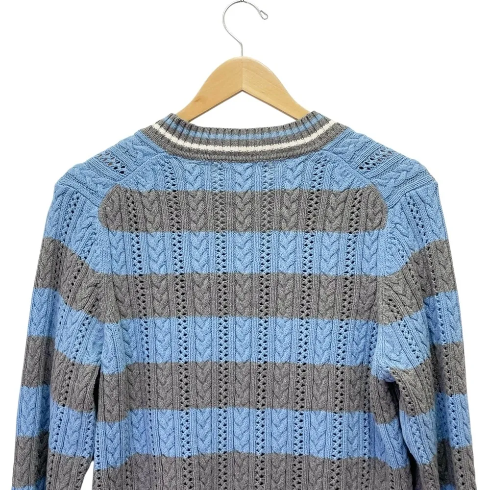 Liz Claiborne Cotton Cable Knit Sweater Size XL Blue Gray Stripe V-Neck VTG - Image 9