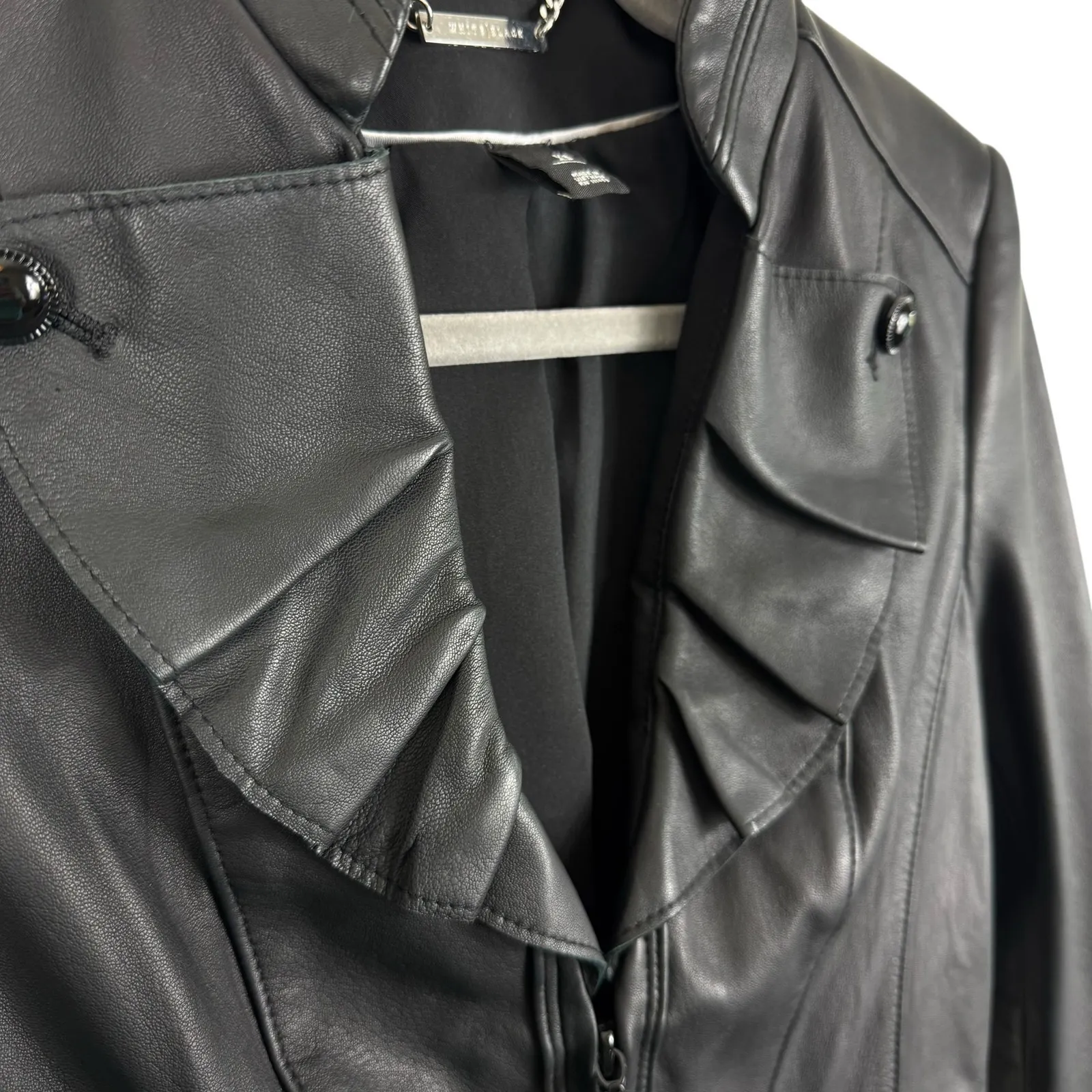 White House Black Market Black Leather Ruffled Collared Full Zip Moto Jacket XS - Image 3