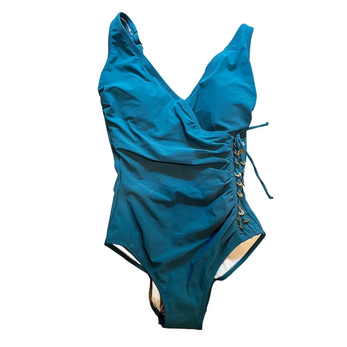 GOTTEX One Piece Swimsuit Classic Golden Touch More Coverage Surplice Teal 6 NWT - Image 3