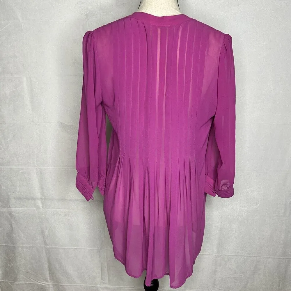 Joie Fuchsia Shear Pleated Blouse Size Small Long-Sleeve Button-Front V-Neck - Image 5
