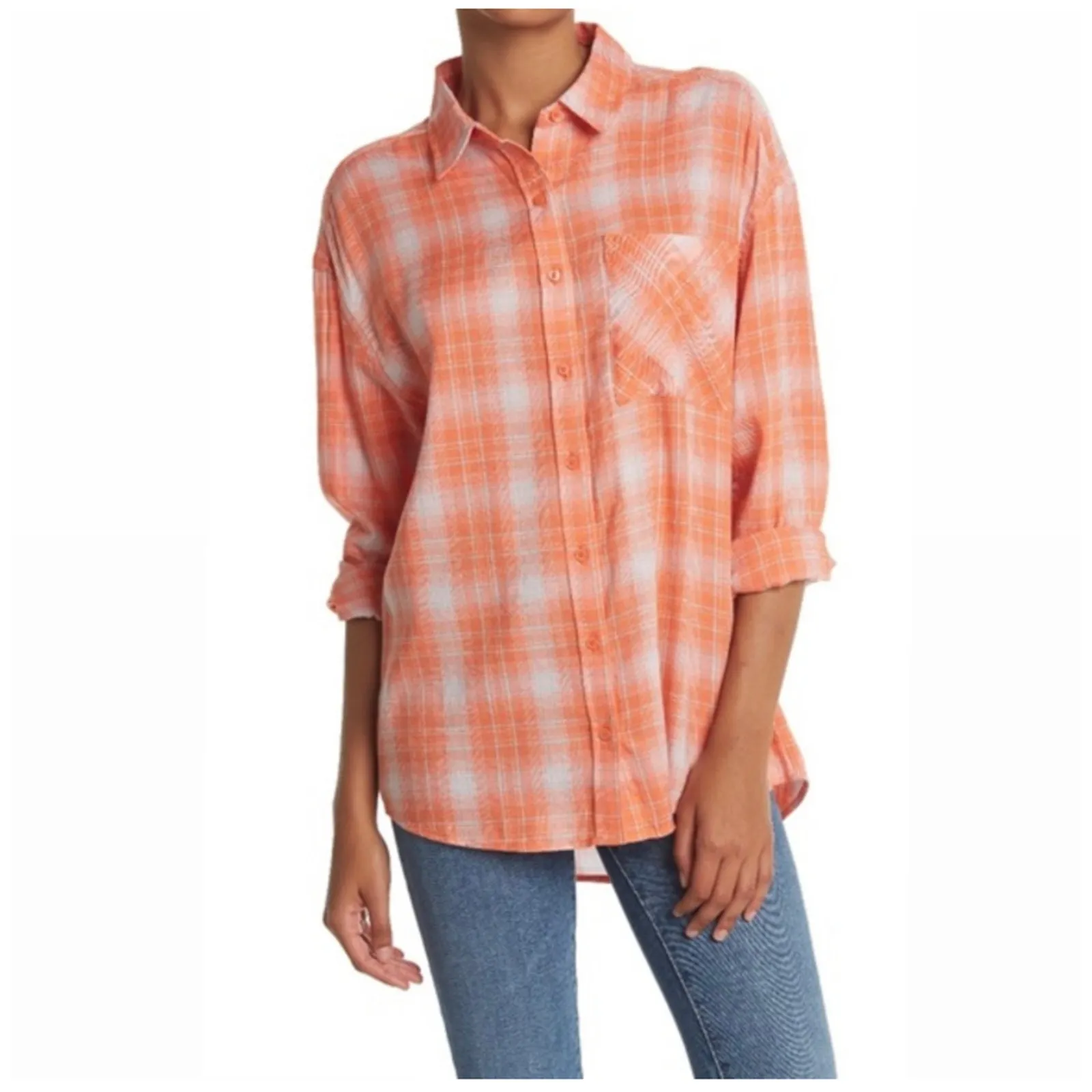 NWT Abound Oversized plaid Shirt Orange Size Medium - Image 6