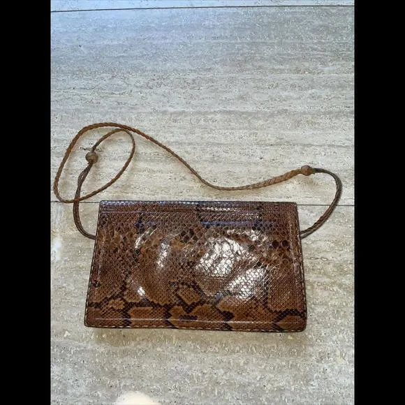 VTG Brown Python‎ Snake Skin Leather Envelope Clutch Handbag Purse - Image 3