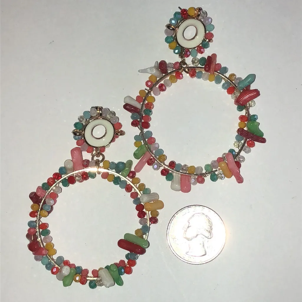 Huge Colorful Beaded Boho Retro Hoop Earrings Red - Image 3