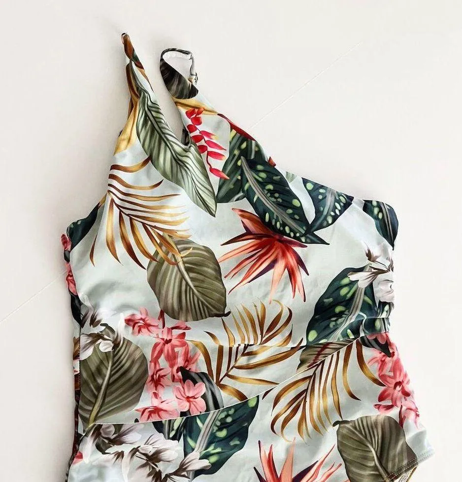 [MakeMeChic] Tropical Floral One Shoulder Asymmetrical One Piece Swimsuit Large Green - Image 8