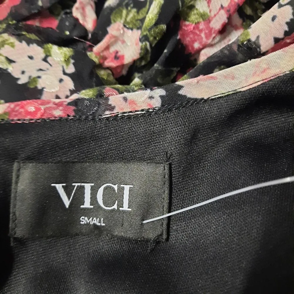 Vici Dress Womens Small Black Floral Long Sleeve Ruched Short Mini Party - Image 7