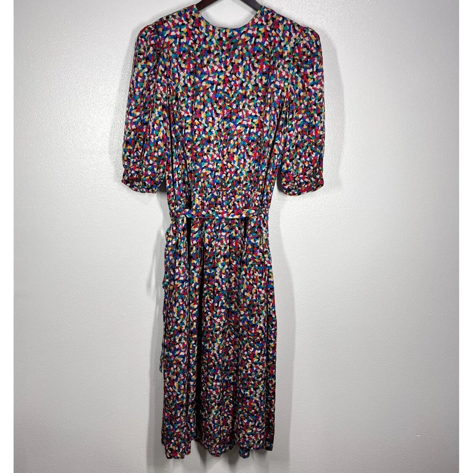Vtg. Adrianna Papell 100%‎ Silk Midi Dress 14 Colorful Print Puff Sleeve Belted - Image 3