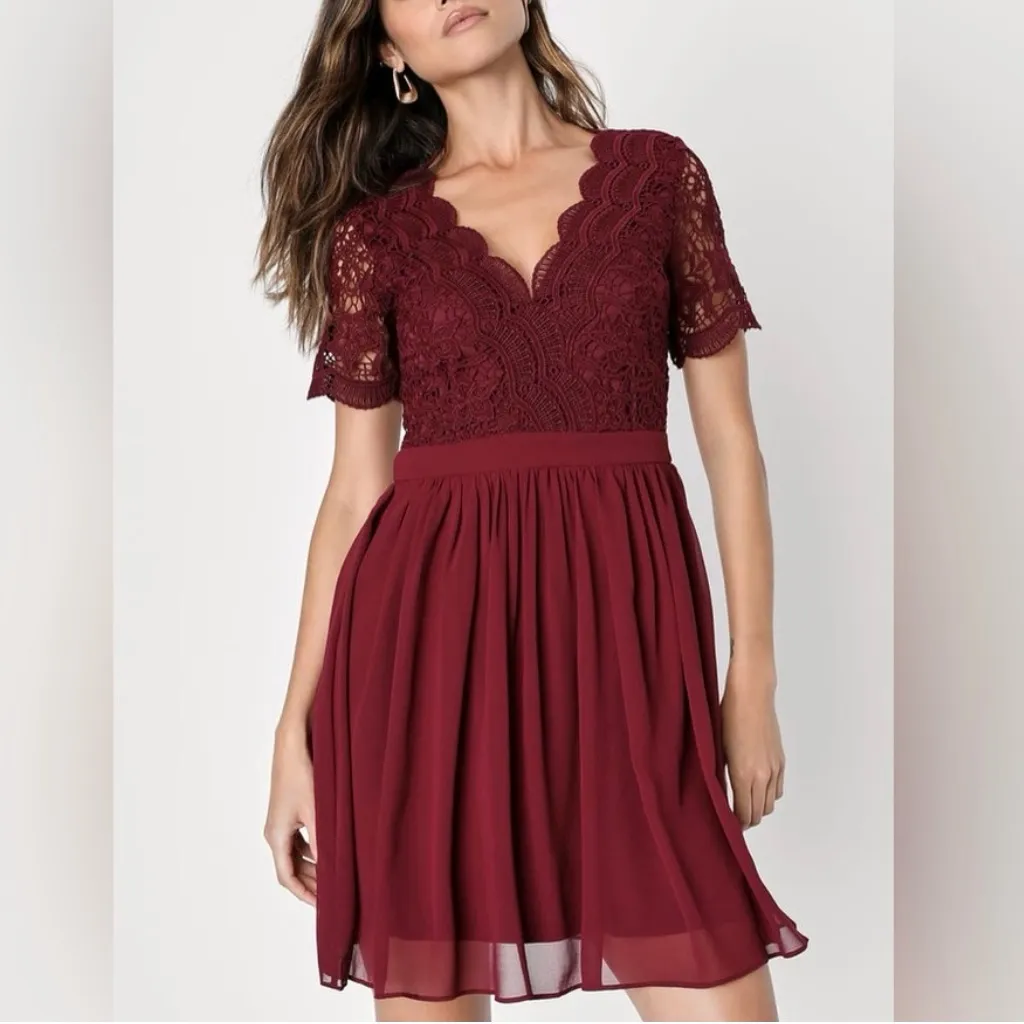 Lulus Angel in‎ Disguise Burgundy Lace Chiffon Flare Skater Dress SMALL - Image 3