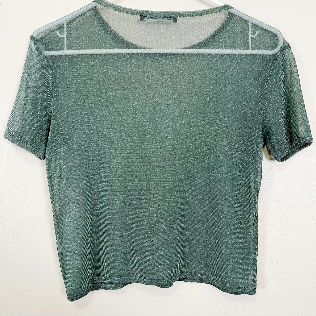 Brandy Melville Women's Olive Moss Shimmer Stretchy Mesh Fitted Crop Top Sz M - Image 4