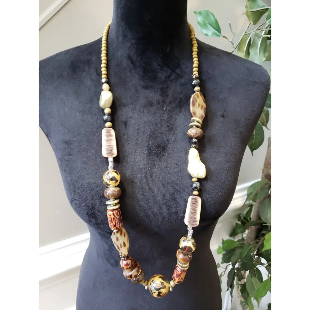 Women's Chunky Boho Beaded Necklace Lobster Clasp Earth Tone Tribal Statement Brown - Image 2