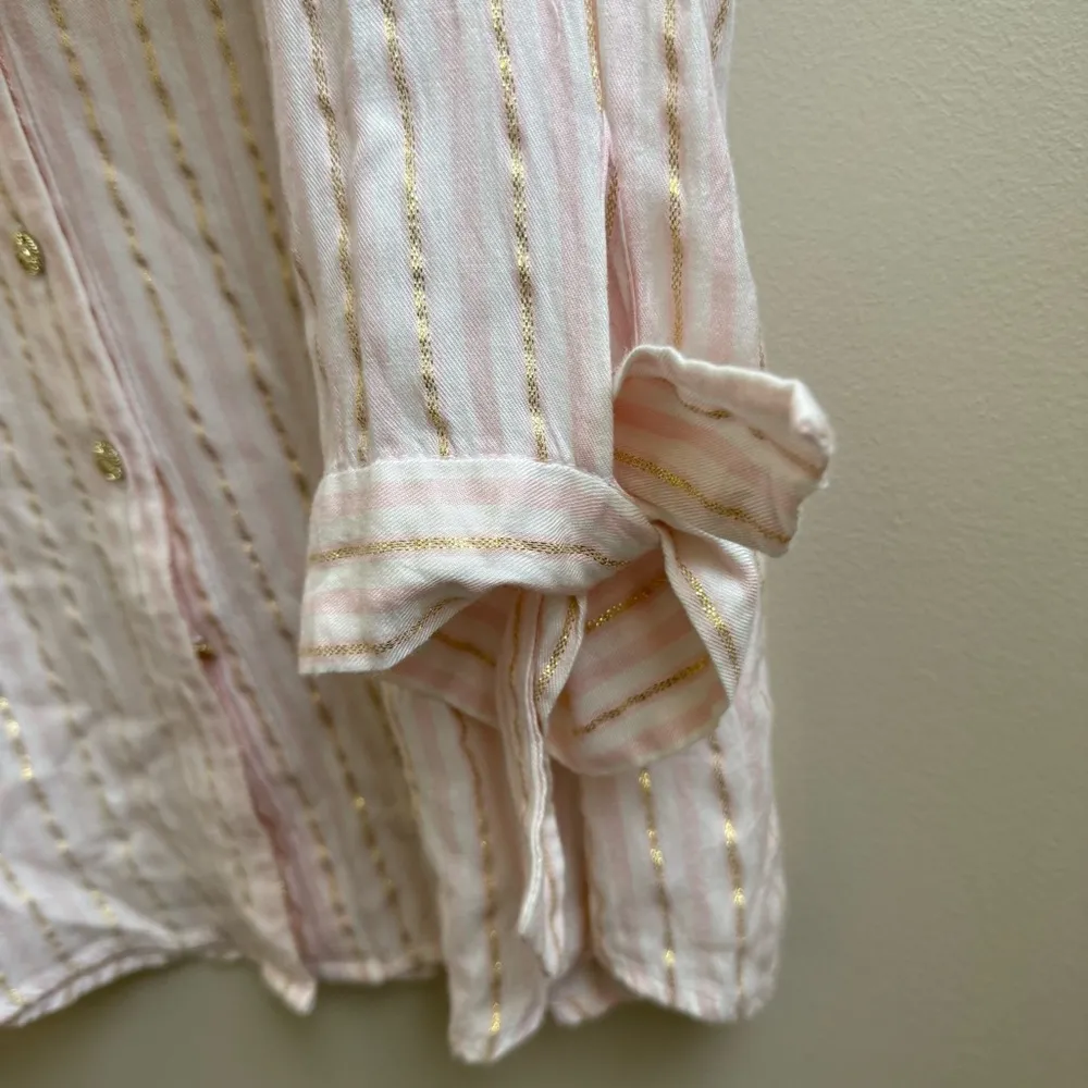 Ann Klein pink, white & metallic gold stripe blouse shirt Size 1X - Image 3