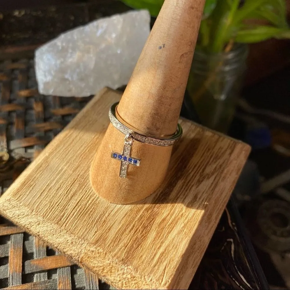 Sapphire Cross Dangle Sterling Silver CZ Ring Sizes 9,10 Blue - Image 5