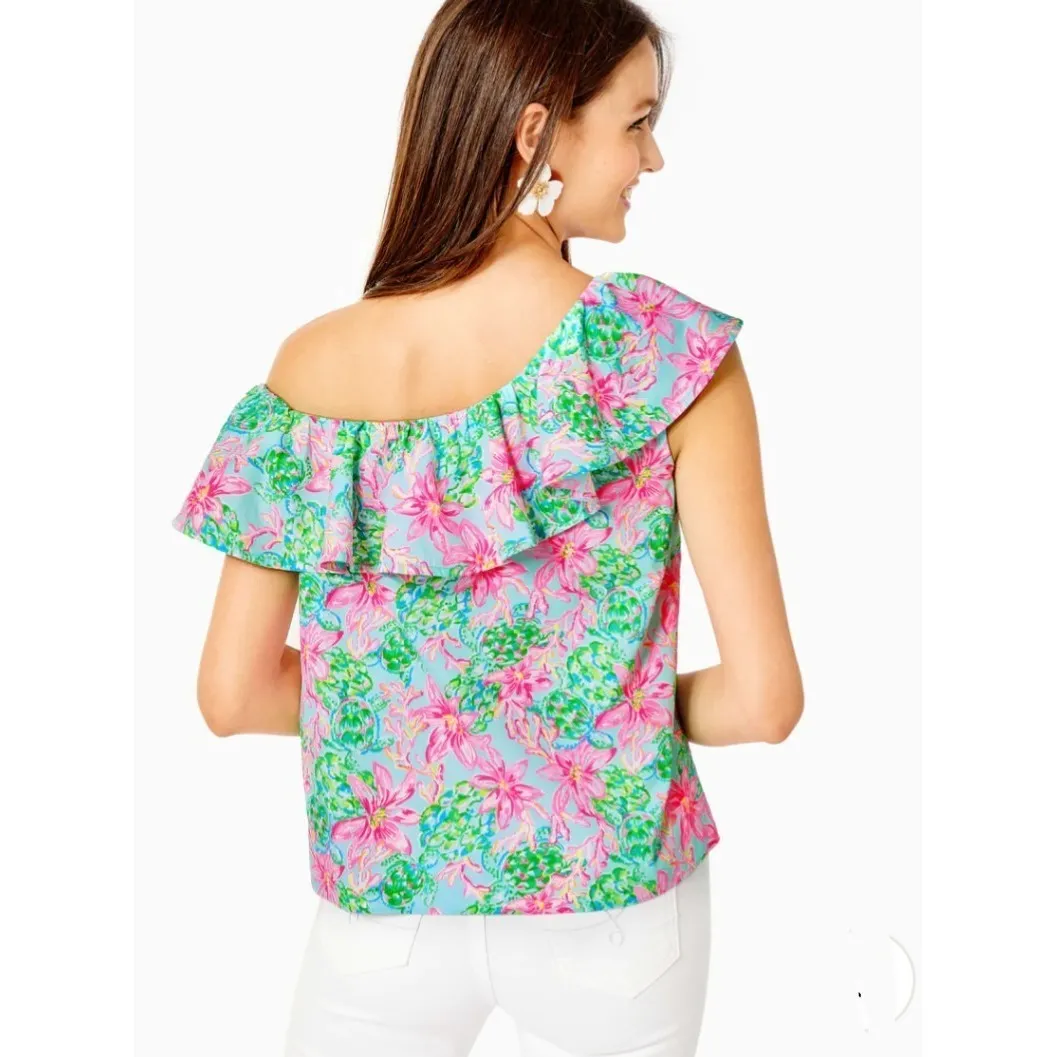 LILLY‎ PULITZER Zeldie One-Shoulder Ruffle Top Surf Blue So Shellegant Sz XL - Image 2