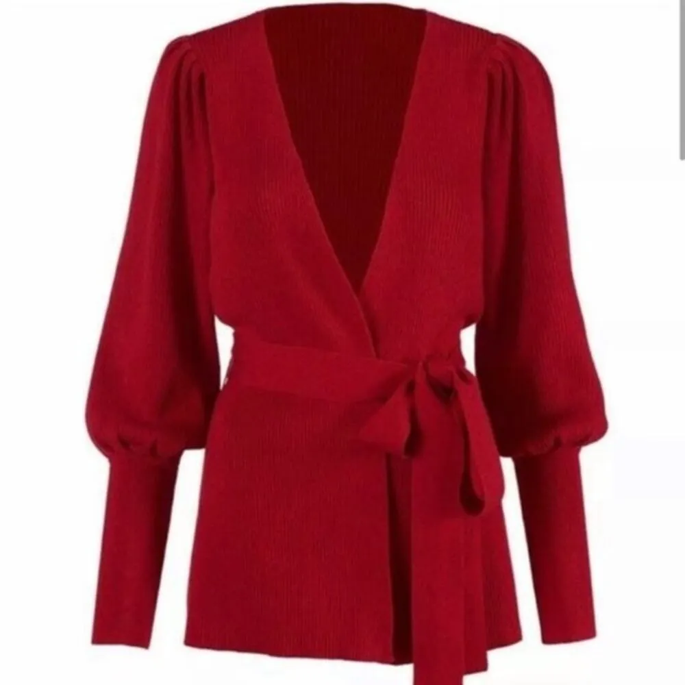 CAbi Cabaret Cardigan 100% Cotton Ribbed Knit Wrap Front Puff Sleeve Red Small - Image 2