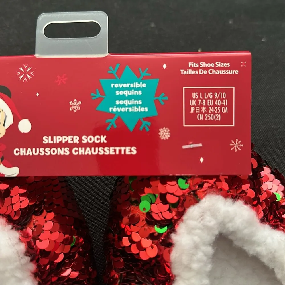 New Disney Parks Christmas Mickey& Minnie Reversible Sequins Slippers socks - Image 3