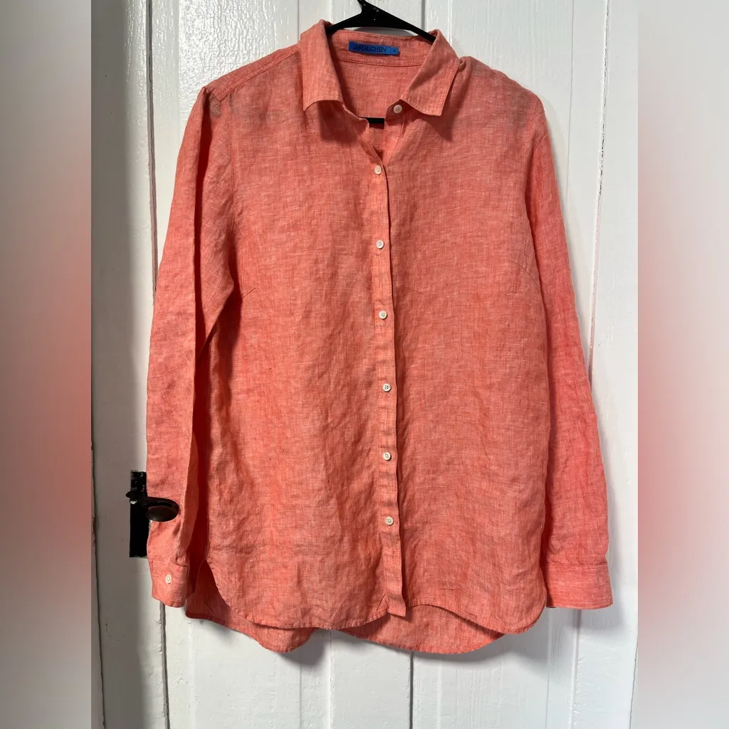 J McLaughlin Britt Linen Point Collar Long Sleeve Button Front Blouse Medium Orange - Image 3