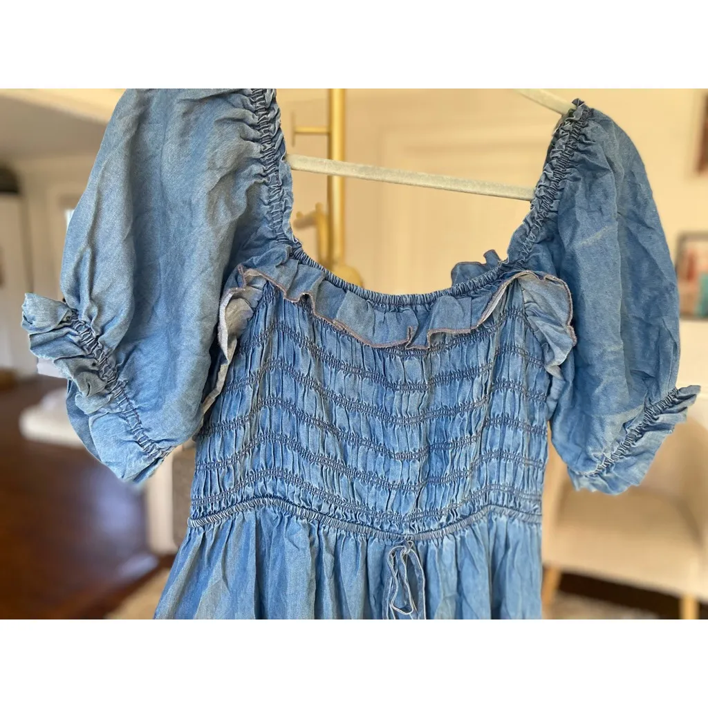 Indigo Rose Smocked Denim Midi Dress Blue Puff Sleeve Cottagecore Prairie Boho L Size L - Image 4