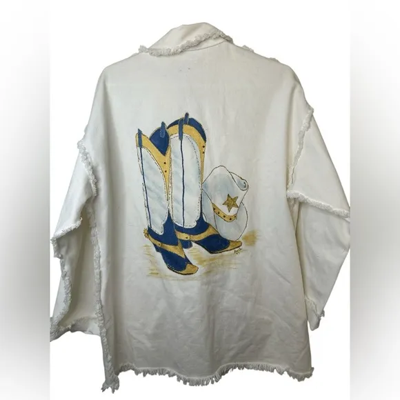 White Distressed Edge Jacket with Cowboy Boot Design Size L - Image 2