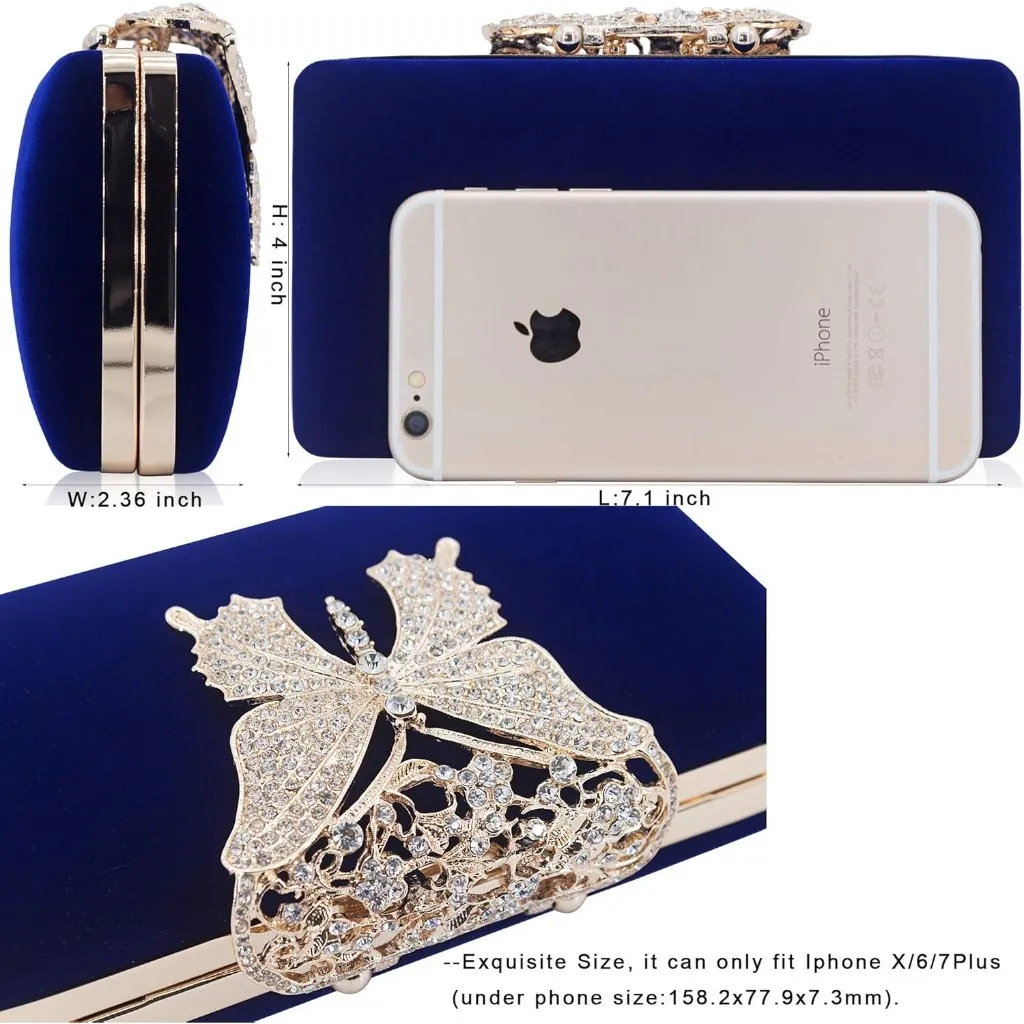 ⚡Women's Blue Velvet Fabric Butterfly Clasp Crystal Evening Clutch Bag - Image 5