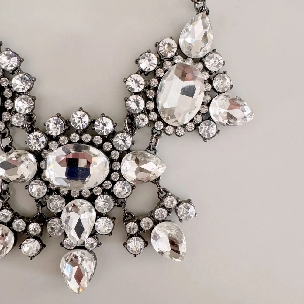 Rhinestone Embellished Statement Bib Necklace, Adjustable Gunmetal Hardware - Image 10