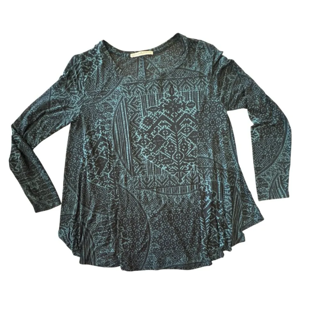 Peruvian Connection Point De Fes T-Shirt M/L Black Green Long Sleeve Tunic Top - Image 1