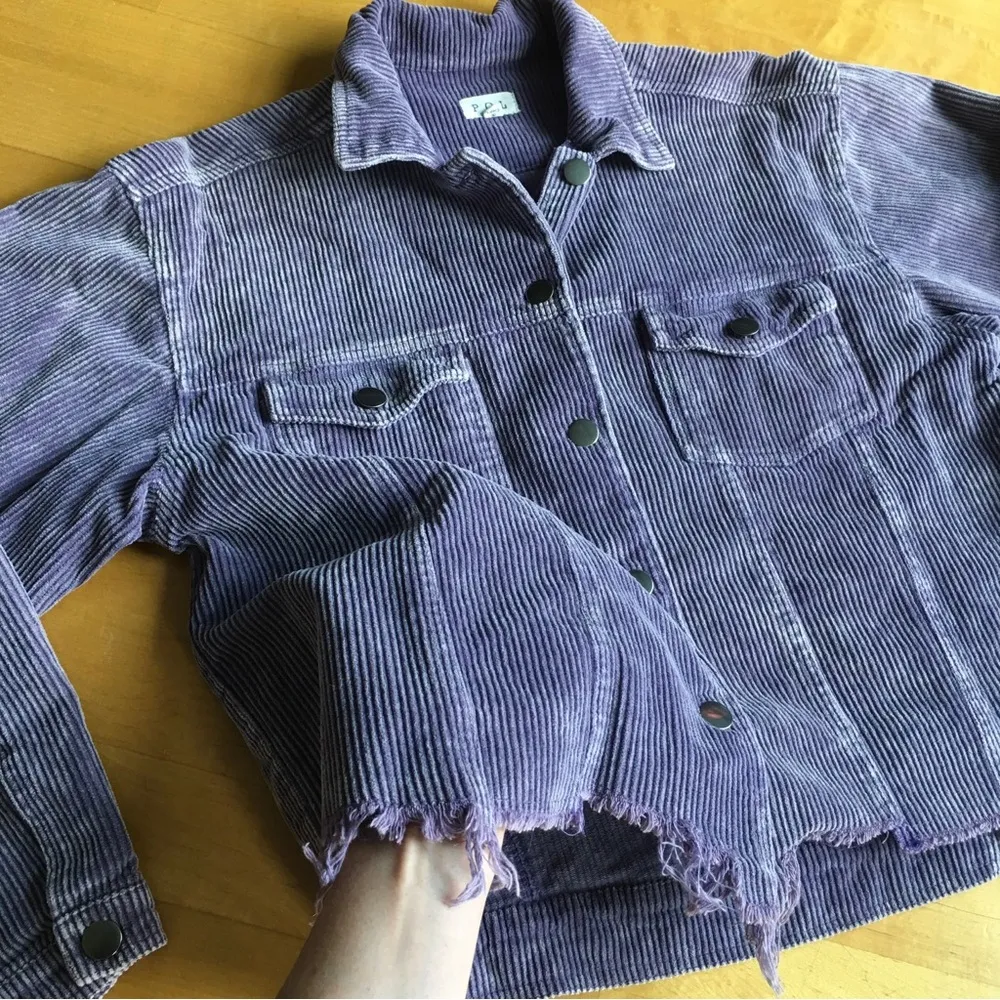 Cropped Corduroy Shacket, Distressed Hem, Lilac, Purple, Size S - Image 3