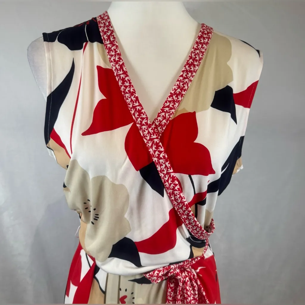 Leota mixed print red navy tan and white faux wrap midi dress size large - Image 4