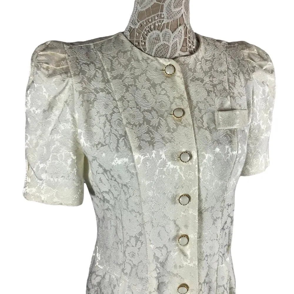 1980's jacquard cream coat dress puffy sleeves size medium White - Image 6