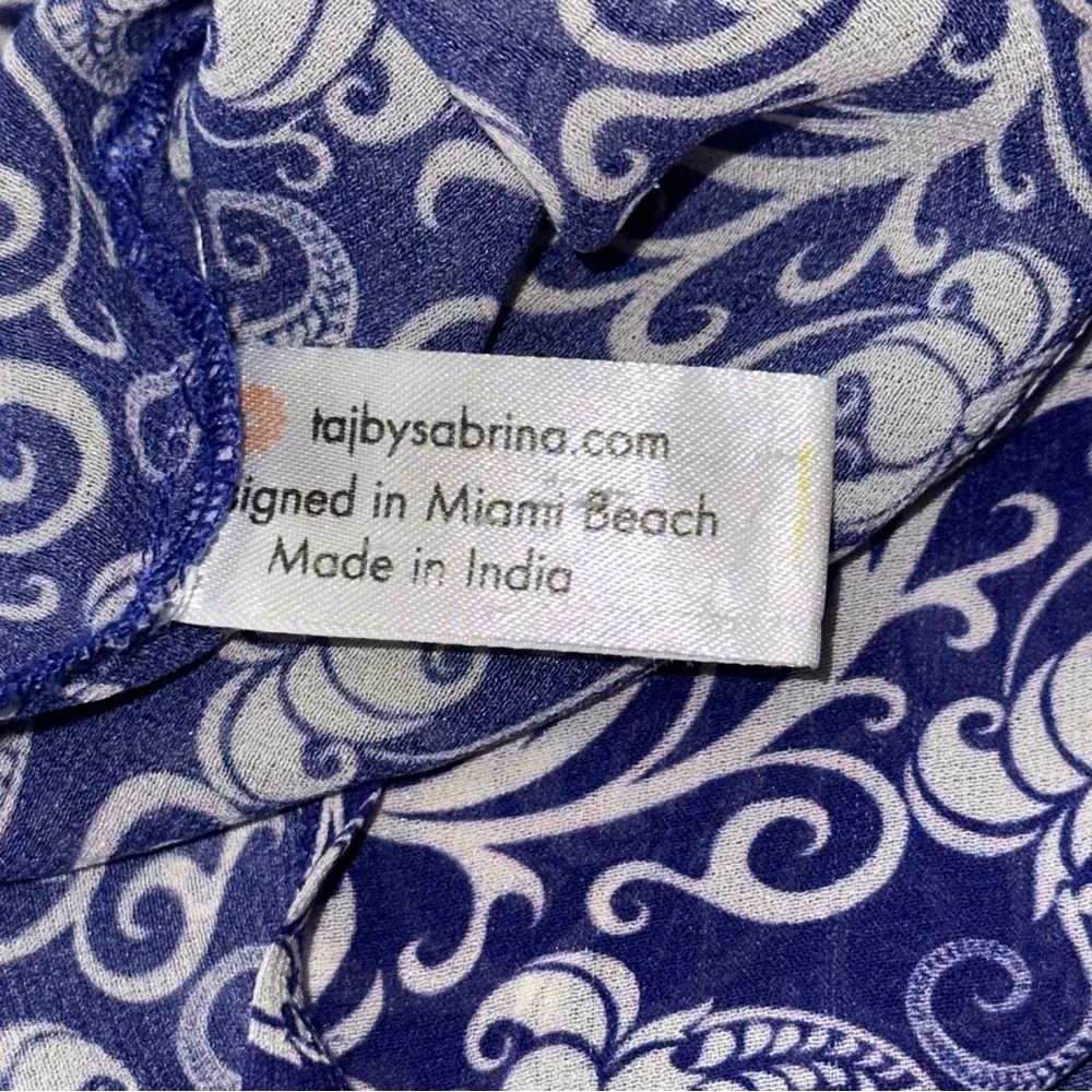 TAJ by Sabrina Crippa Women’s S Blue White Silk Orange Beaded Sequin Top Blouse - Image 8