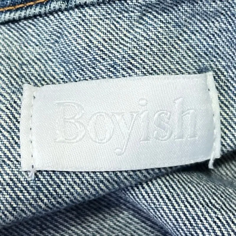 Boyish Blue Medium Wash Distressed Button Down Cropped Denim Jean Jacket Size M - Image 4