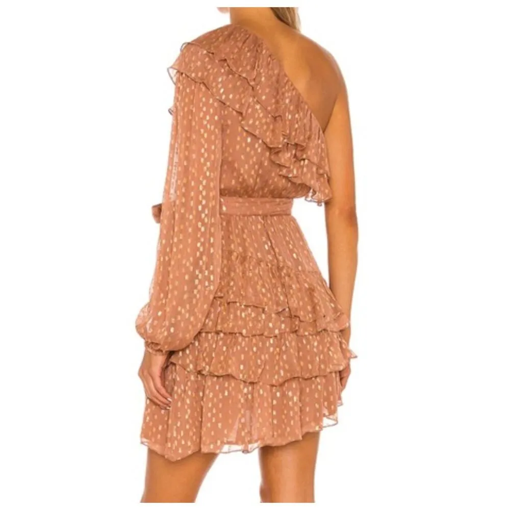 Rococo Sand Aine One Shoulder Mini Chiffon Ruffle Dress Tan Gold Small - Image 14