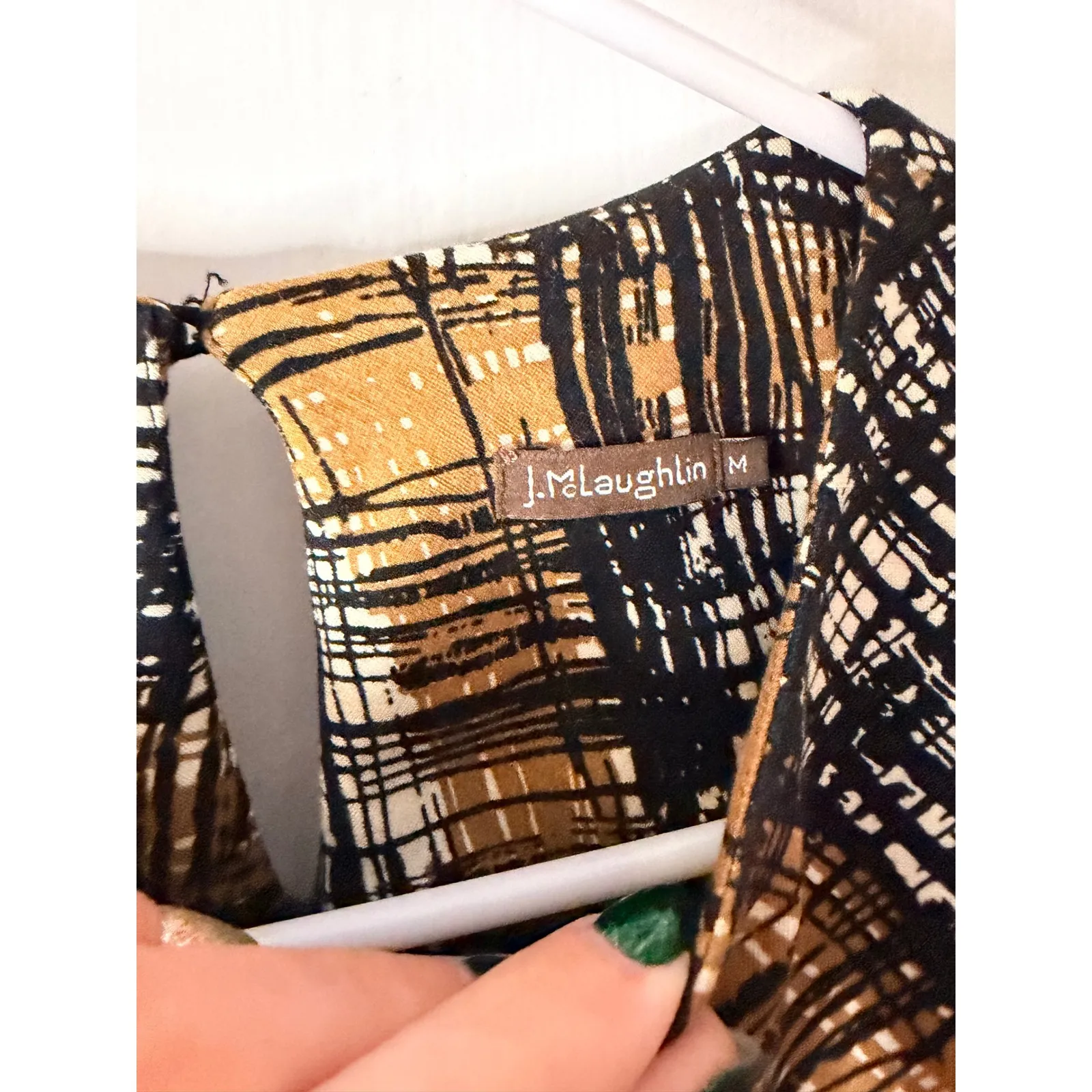 J McLaughlin Midi Dress Geometric Print Black Gold White 3/4 Sleeve Women's M - Image 3