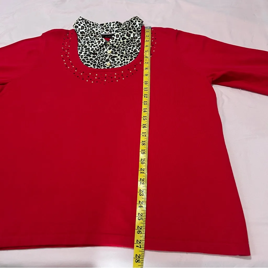 Quaker‎ Factory Embellished Red Knit Sweater Contrasting Satin Leopard Collar XL - Image 12