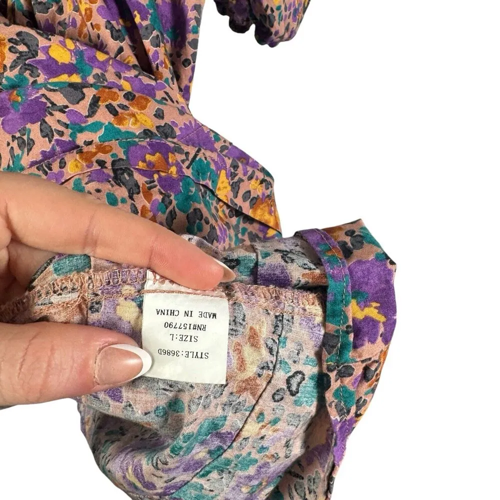 Pinch Floral Smocked Puff Sleeve Mini Dress Preppy Cottage Womens Size Large Purple - Image 5