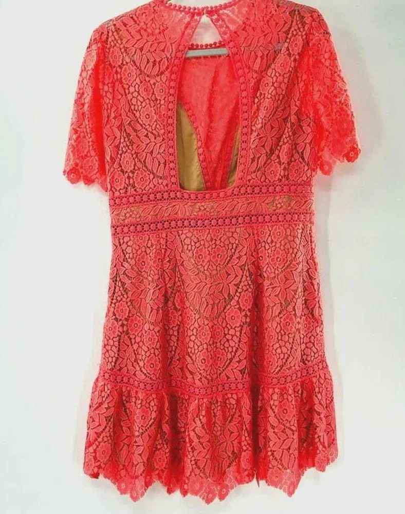 NEW Saylor Darian Open Back Lace Ruffle Minidress Dress Peach Sz Large Coquette - Image 16