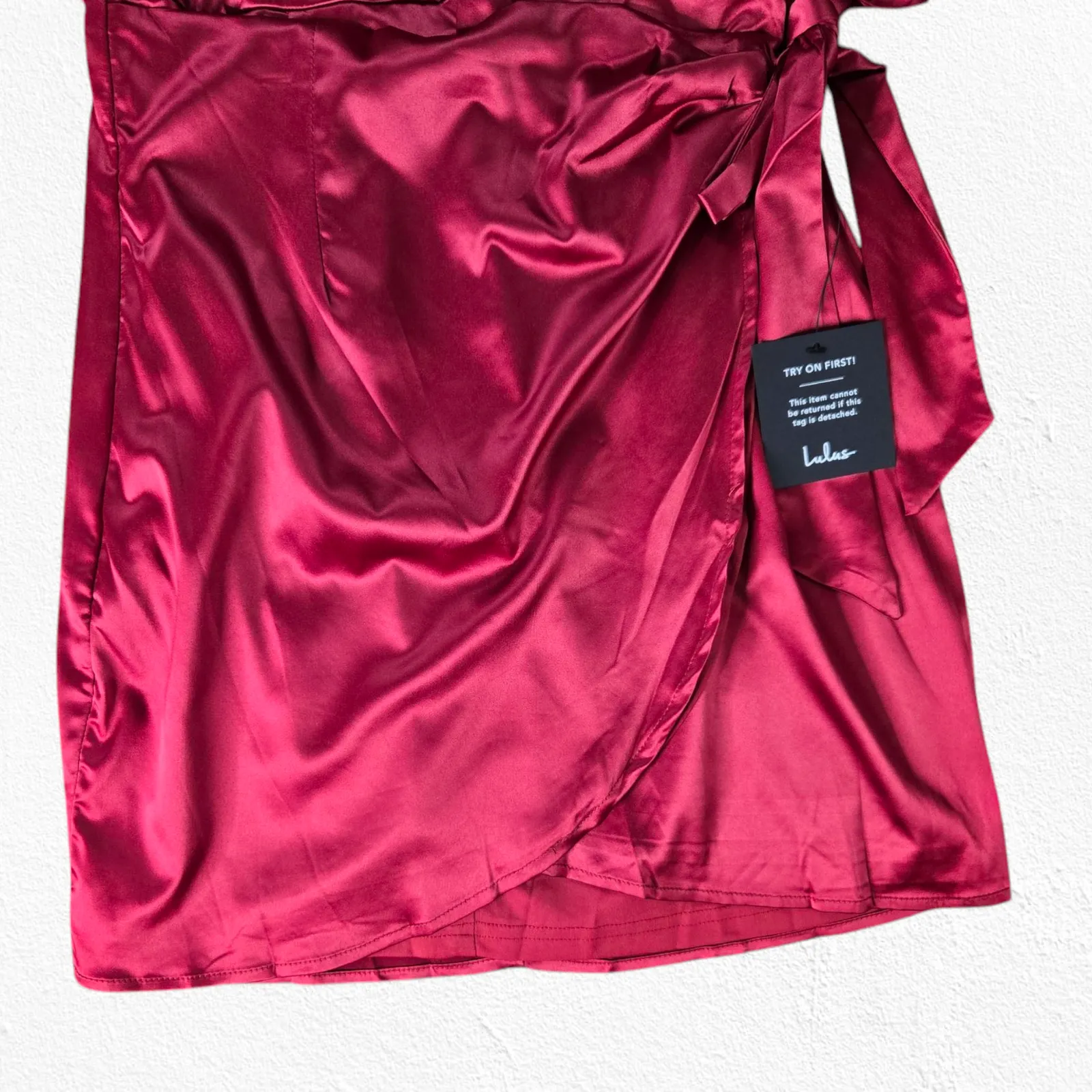 Lulus Red Satin Faux Wrap Open Back Late Night Stunner Mini Dress Size Medium - Image 7