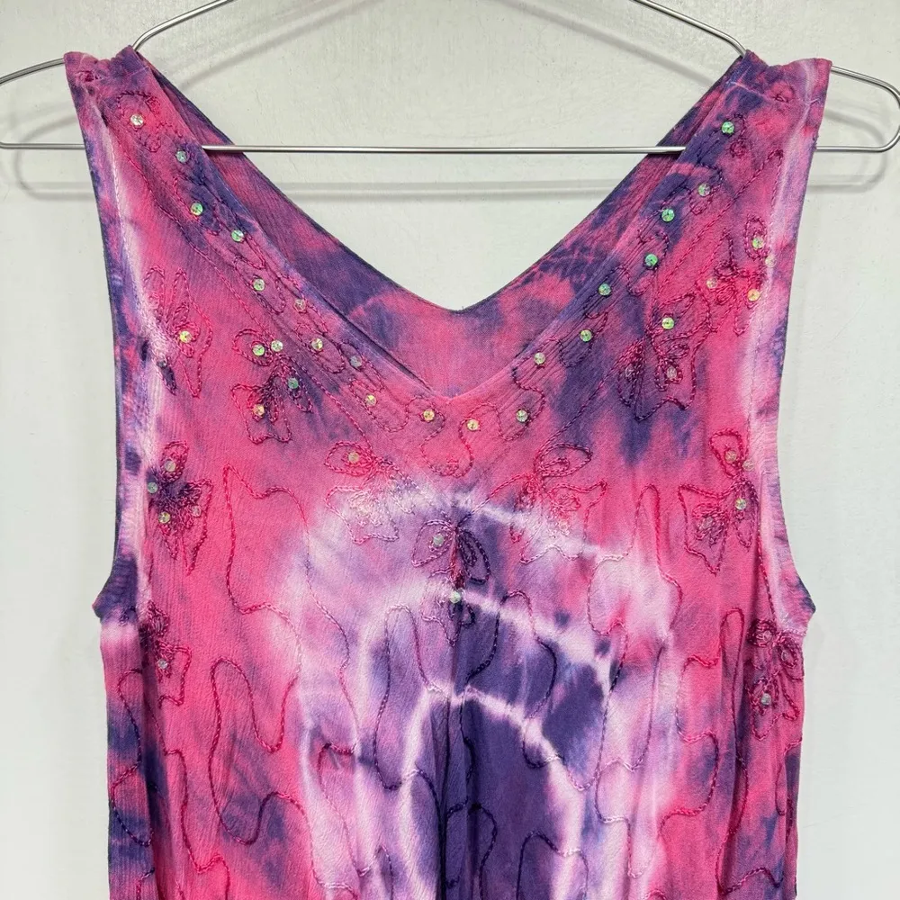 Tie Dye Hippie Boho Beach Dress Cover Up with Embroidery and Sequins Flowy Pink Size undefined - Image 3