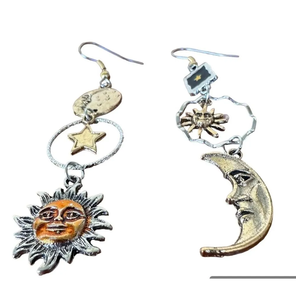 Celestial Sun Moon Stars Earrings Dangle Tarot Halloween Eclectic Mismatched Gold - Image 6