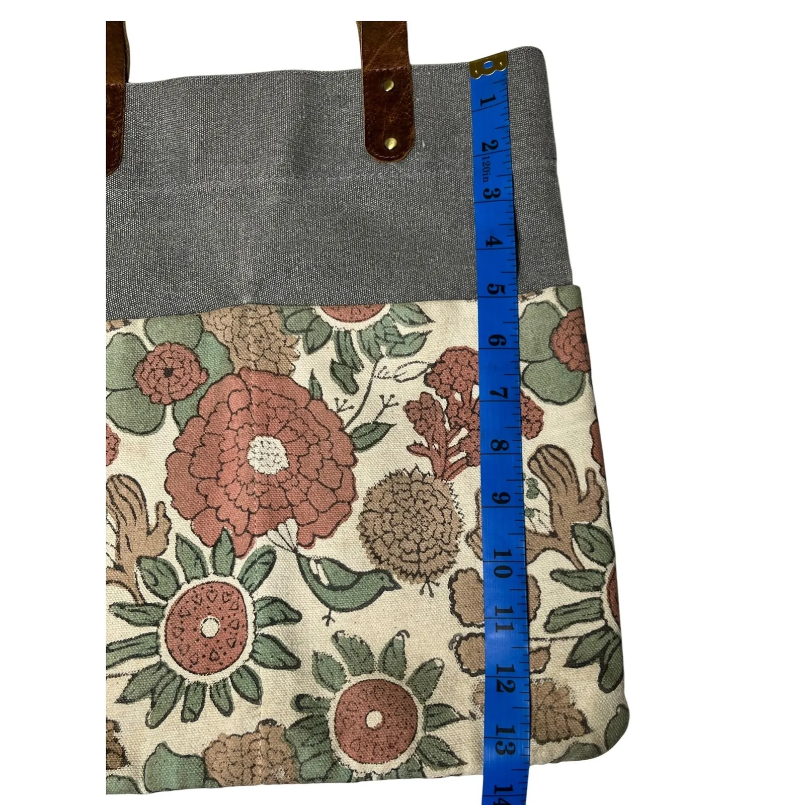 JOYN Canvas Leather Strap Tote‎ Bag Gray Floral Print Fair Trade Reversible 14" - Image 5