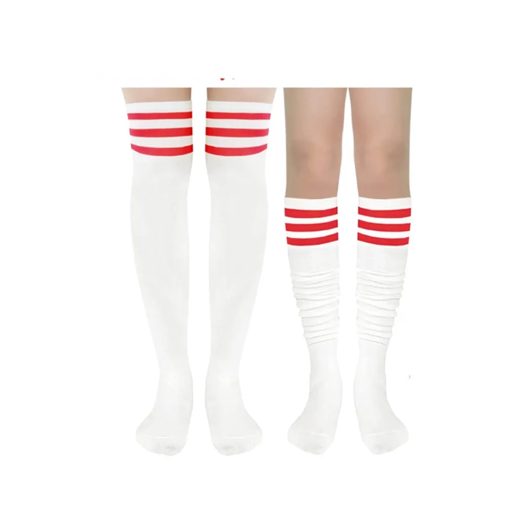 White Thigh High Nylon Stockings with Red Stripes – Retro Athletic Look - Image 6