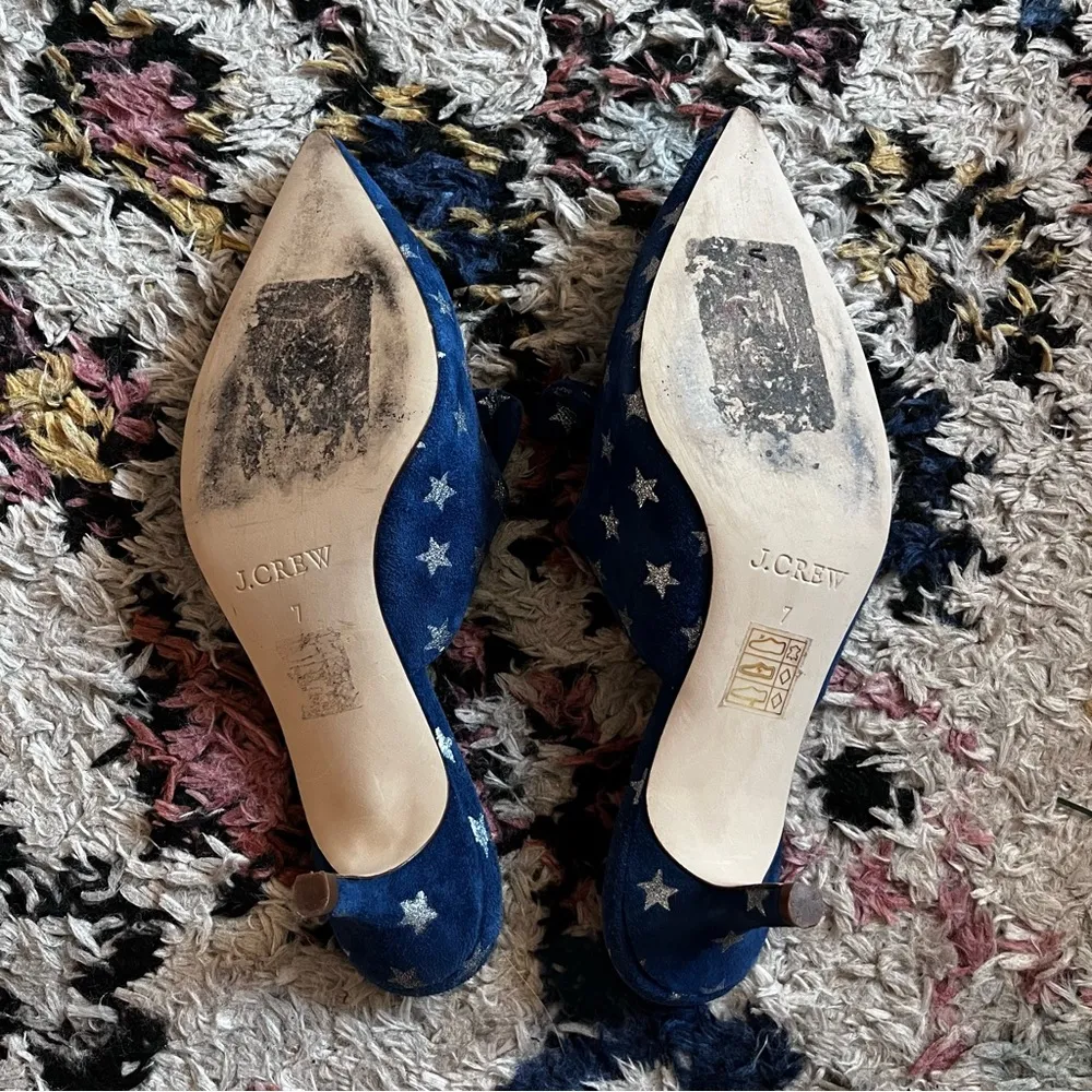 J. Crew Sophia Blue Suede Silver Glitter Star Heeled Mules 7 - Image 5