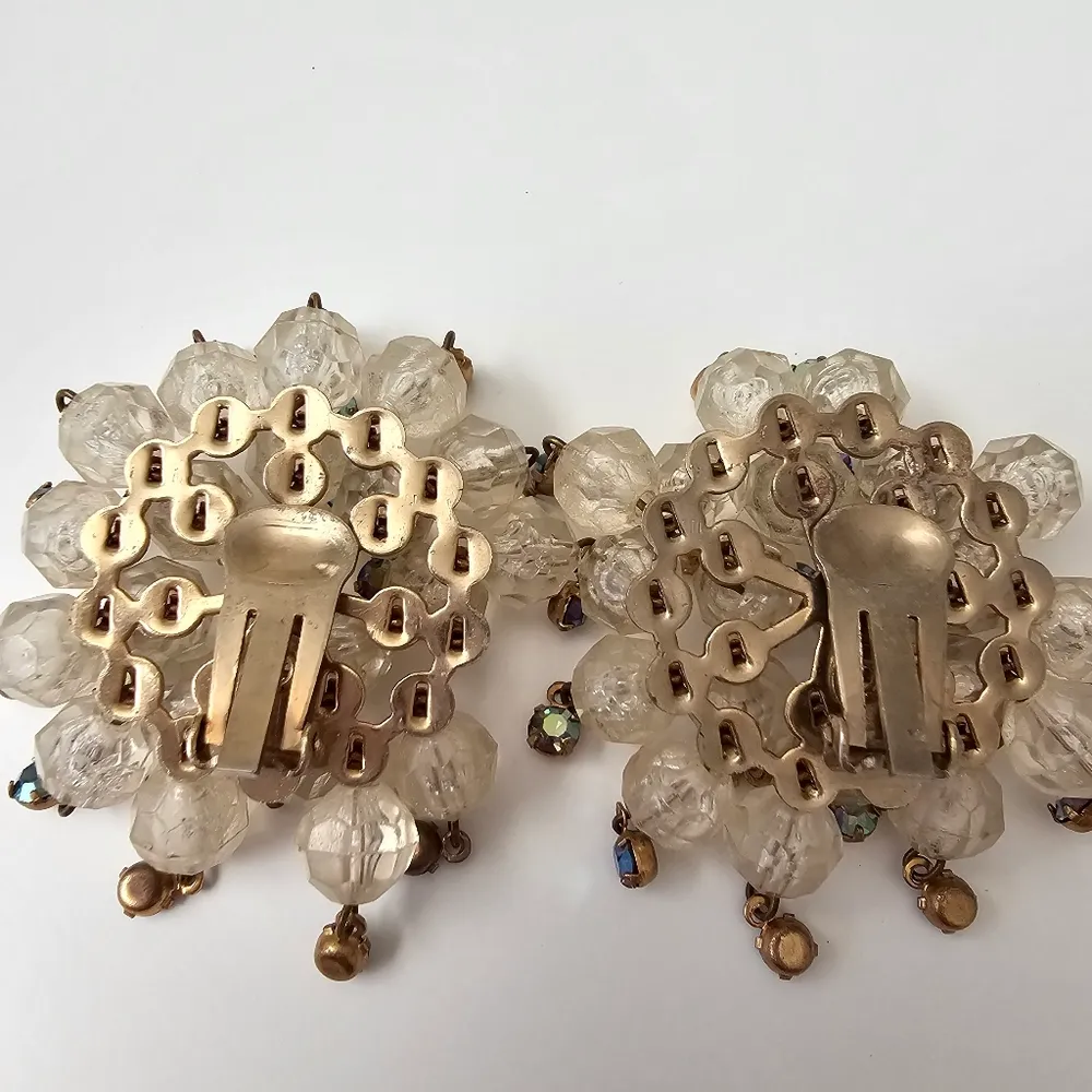 Aurora Borealis AB Large Bead Cluster Gold tone Vintage Statement Earrings - Image 4