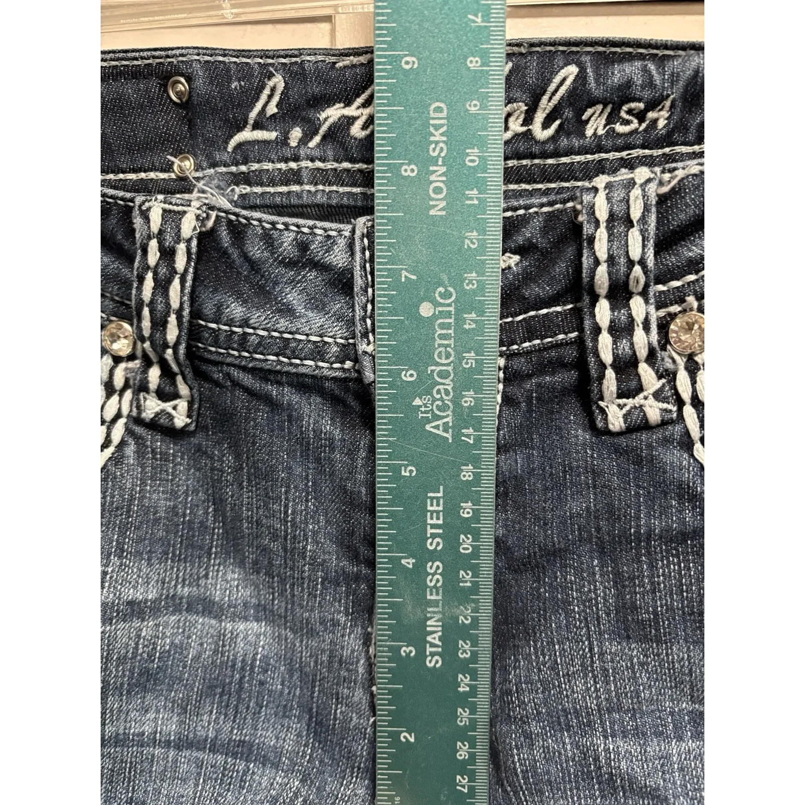L.A.‎ Idol Med Wash Straight Denim Jeans Gems/Embroidery Logo Size 7 Low Crop Blue - Image 2