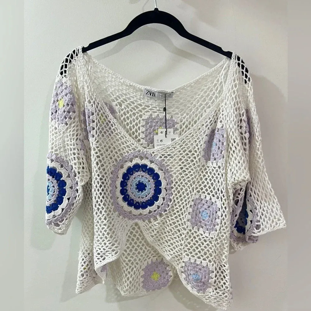 Zara crop top crochet evil eye cover-up wide boat neck swimsuit short sleeve - Image 9