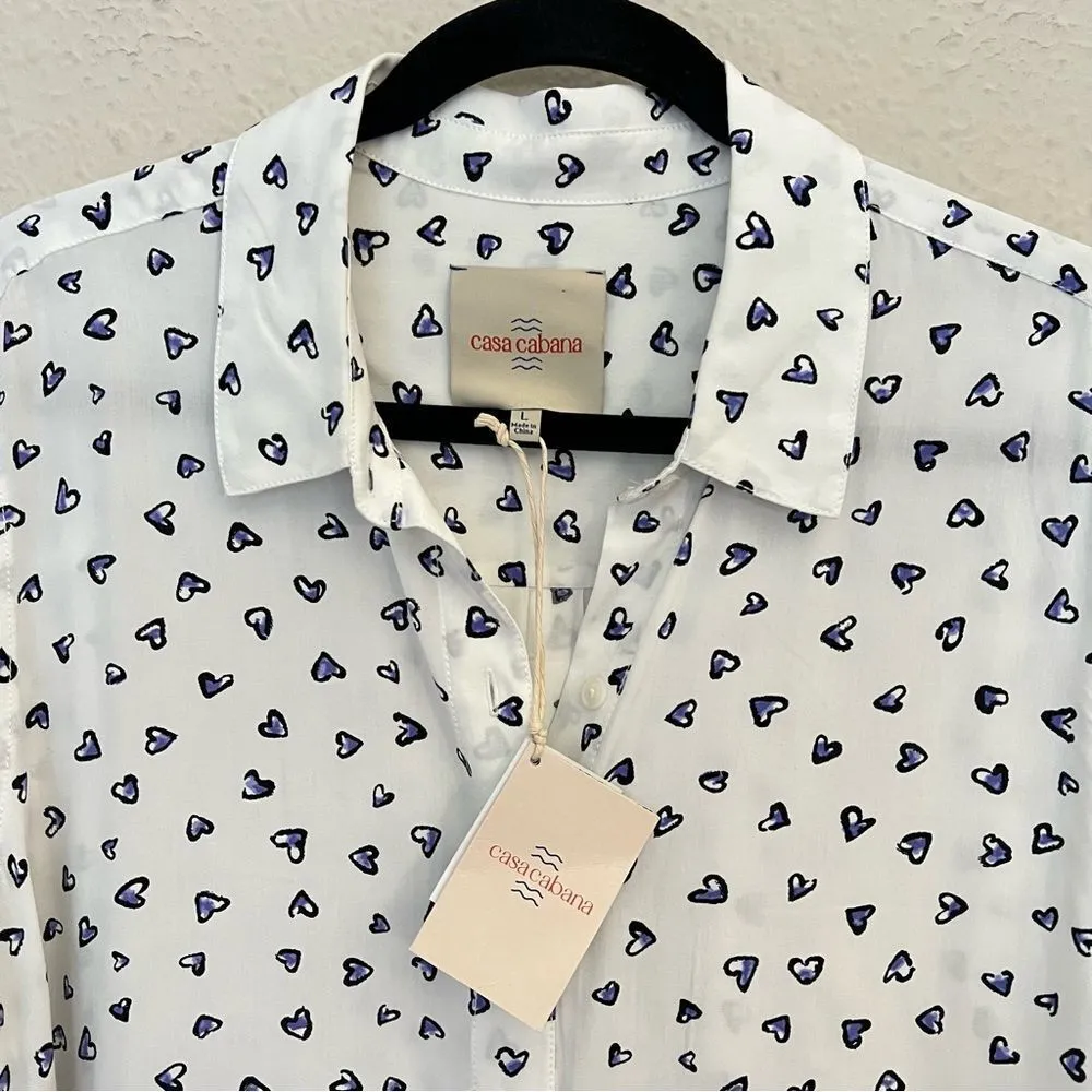 Casa Cabana Heart Print Long Sleeve Button Down Shirt Size Large Valentines Day White - Image 3